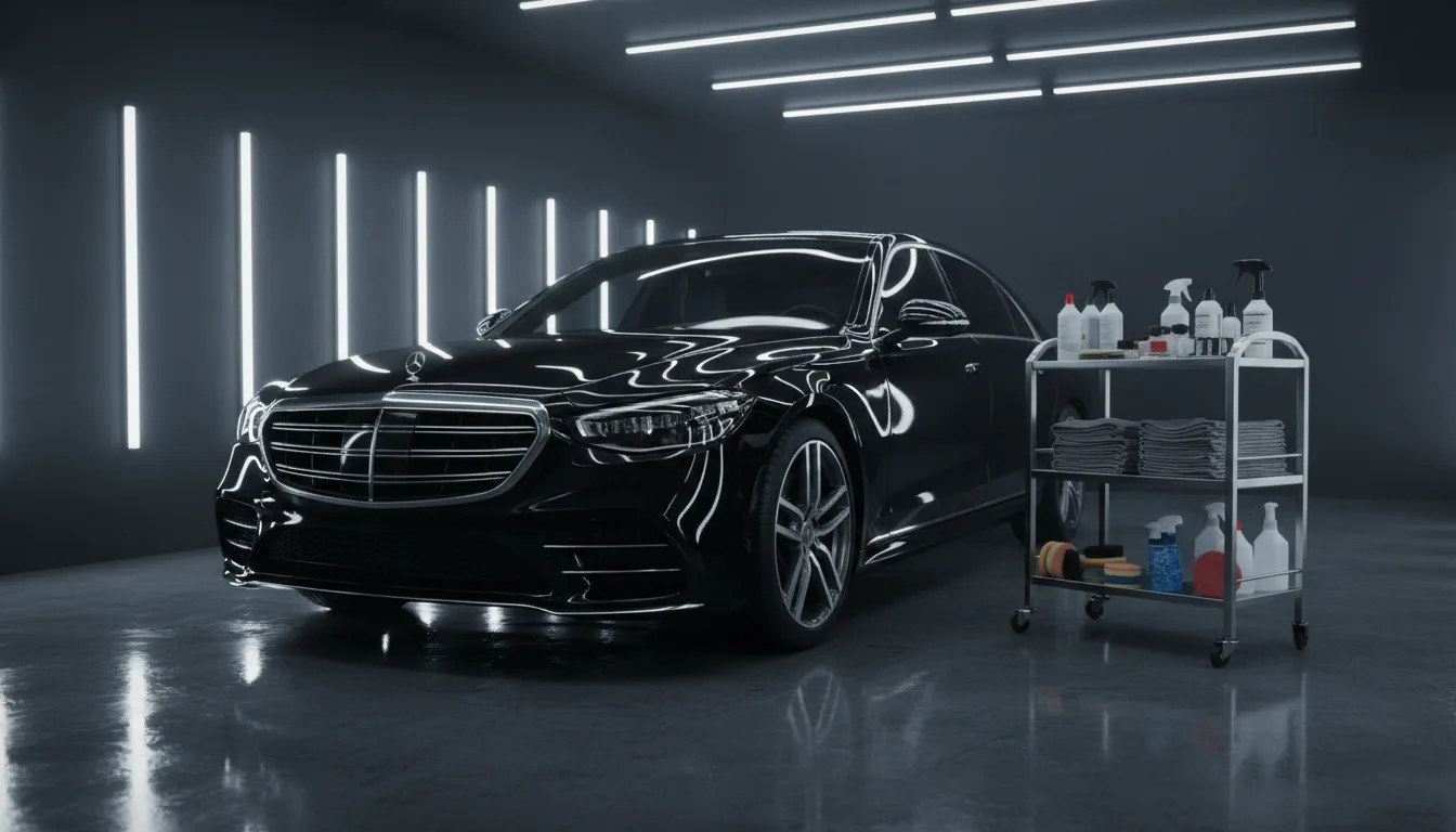 Schwarze Luxuslimousine wird im dunklen Detailstudio mit Mikrofasertuch aufbereitet