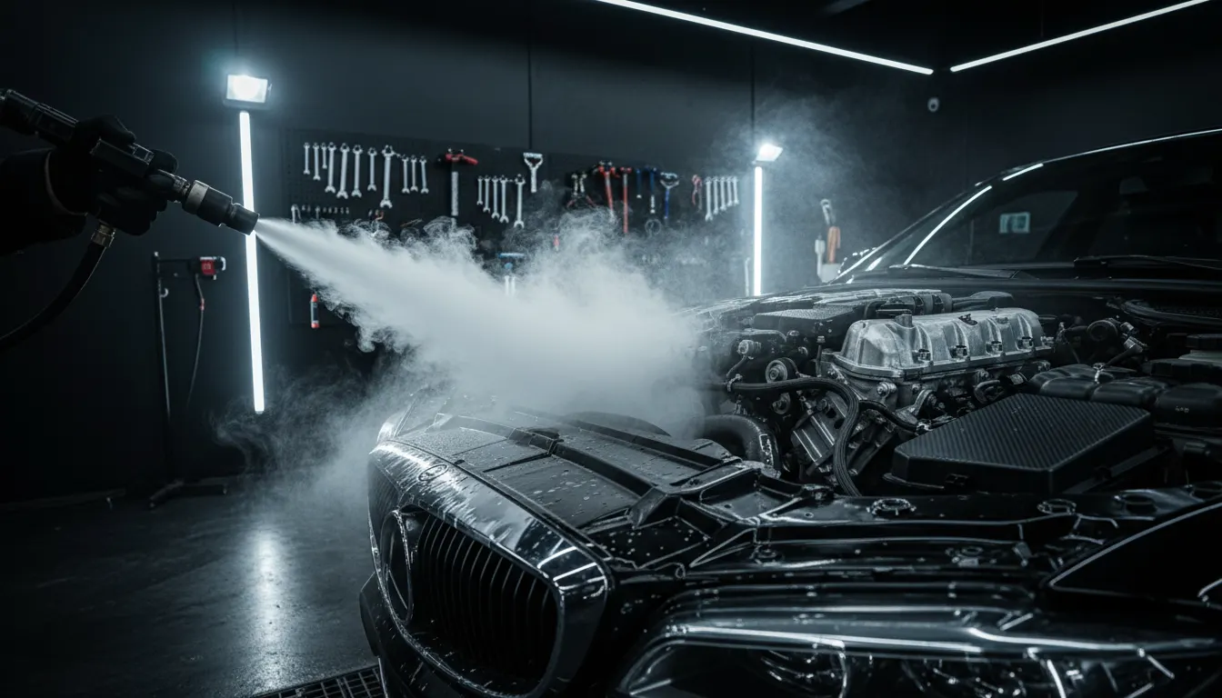 Trockeneisreinigung an einem Motorraum im dunklen Studio mit Nebeleffekt