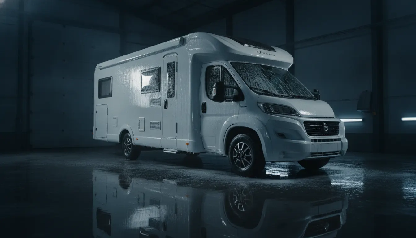 Weißes Wohnmobil im dunklen Detailstudio mit spiegelndem Boden